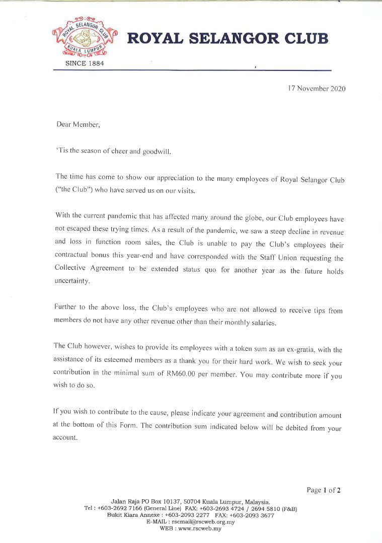 Contribution Letter | Royal Selangor Club